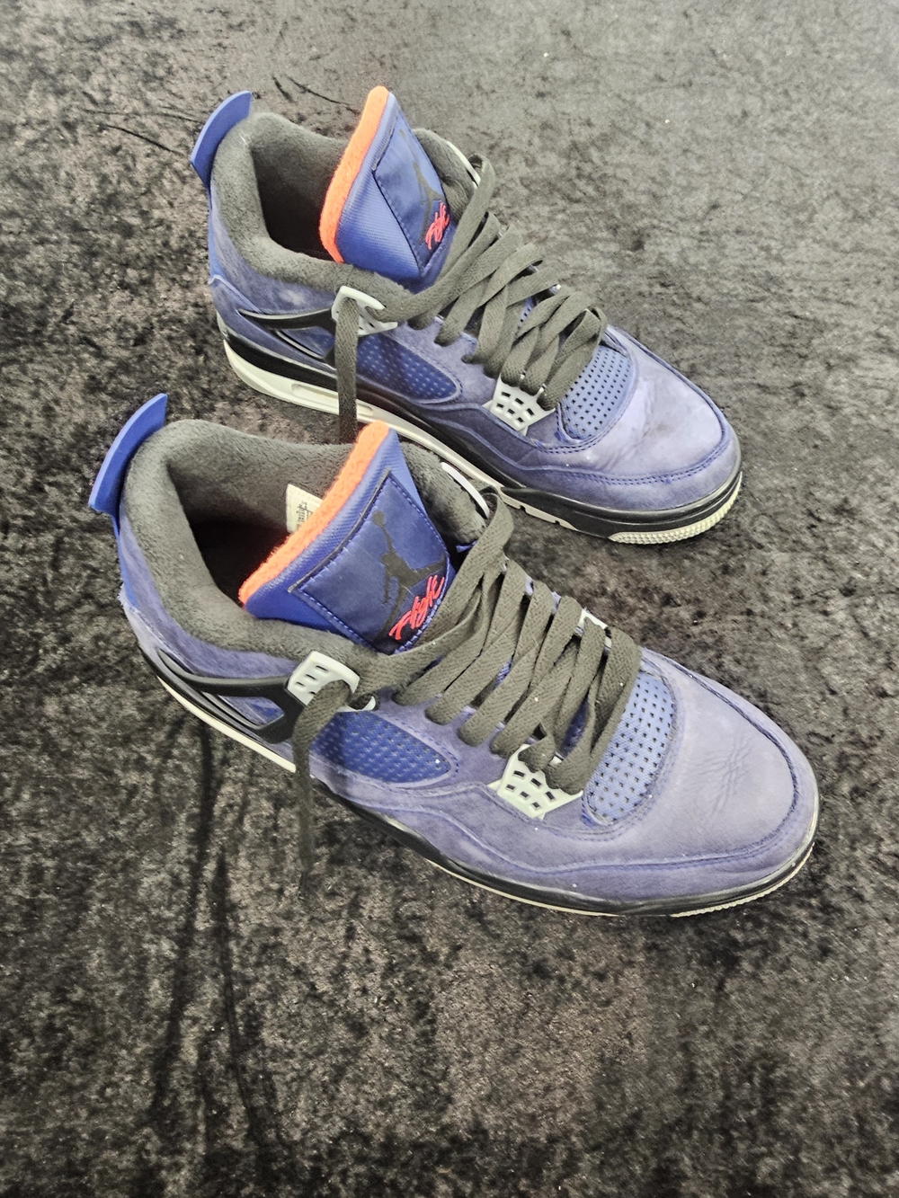 Jordan Men's Purple Suede Basketball Sneakers with Black Laces and Orange Trim - Picture 2 of 9